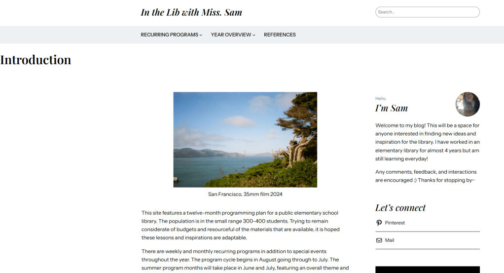 Screenshot of homepage of In the Lib with Miss. Sam site that features a year's worth of library lesson plans.