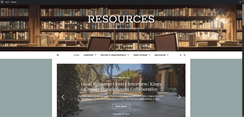 Screenshot of my website Resources for Librarians and the students facing homelessness they work with